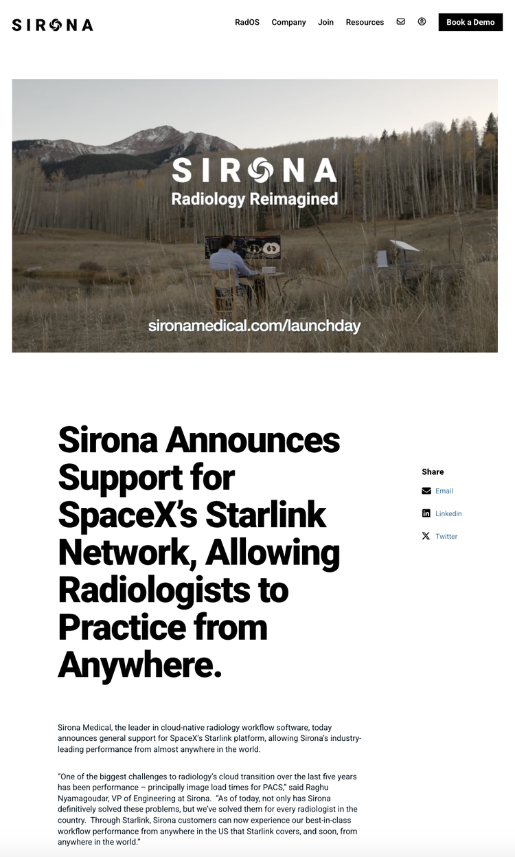 Webpage screenshot featuring Sirona's announcement supporting SpaceX's Starlink network for radiologists, with a landscape image of a person working on a computer outdoors, mountains in the background, and text about the support and company details.