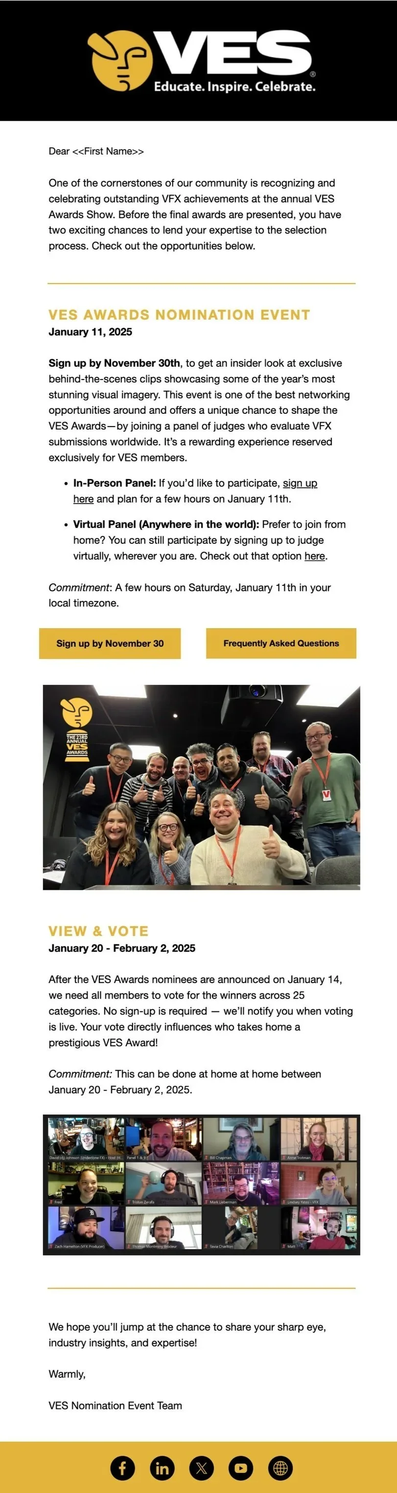 A promotional flyer for the VES Awards Nomination Event featuring the VES logo at the top, event details about the nomination and voting process, and photos of event participants, including a group photo of smiling people giving thumbs-up and a screenshot of a video conference grid.