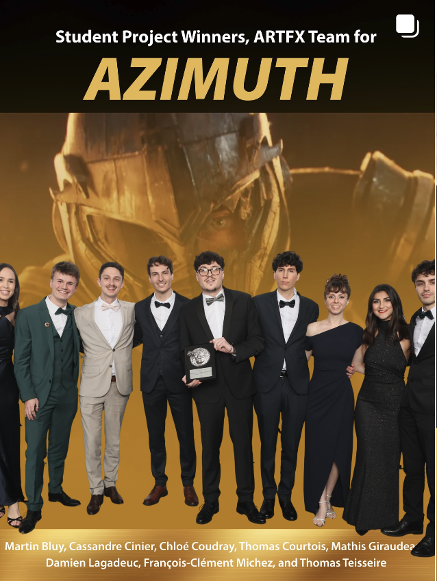 A group of eight young people dressed in formal attire, standing in front of a large poster with the text 'Student Project Winners, ARTFX Team for AZIMUTH' and an image of a futuristic helmet. The group is smiling, and the person in the center is holding a plaque. Names listed below include Martin Bluy, Cassandre Ciner, Chloé Coudray, Thomas Courtois, Mathis Giraudeau, Damien Lagadec, François-Clément Michez, and Thomas Teissire.
