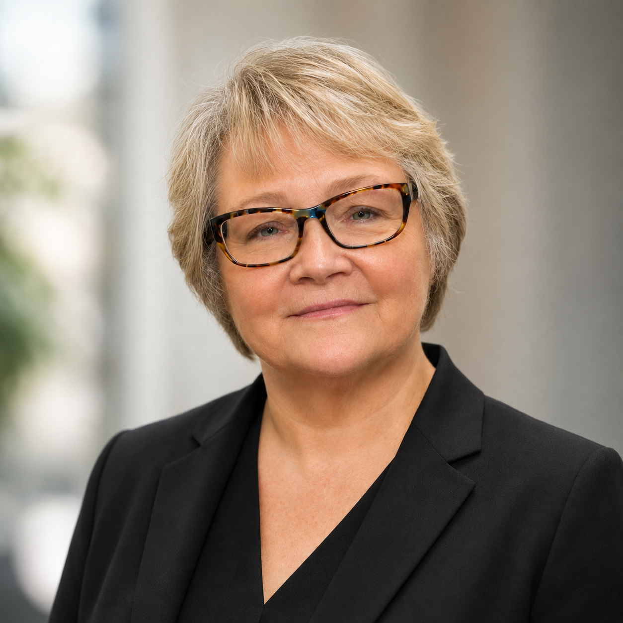 A close-up portrait of a middle-aged woman with short blonde hair, wearing tortoiseshell glasses and a black blazer, smiling softly against a neutral background.