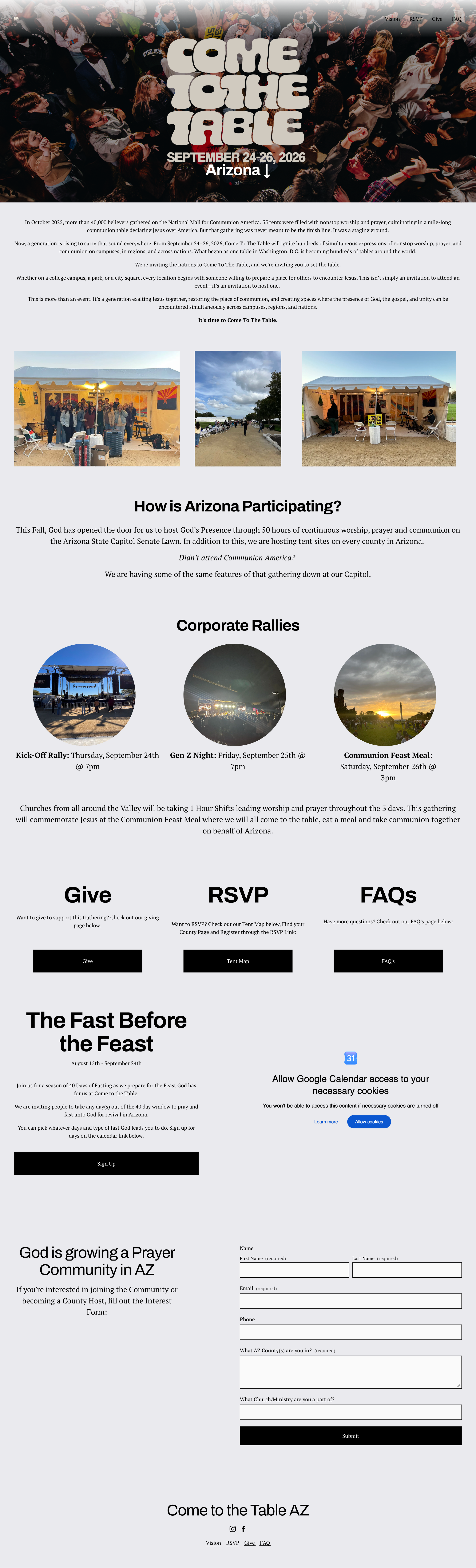 Event website for 'Come to the Table' in Arizona, September 24-26, 2026, showing photos of crowds and tents, with details about worship, rallies, and registration.