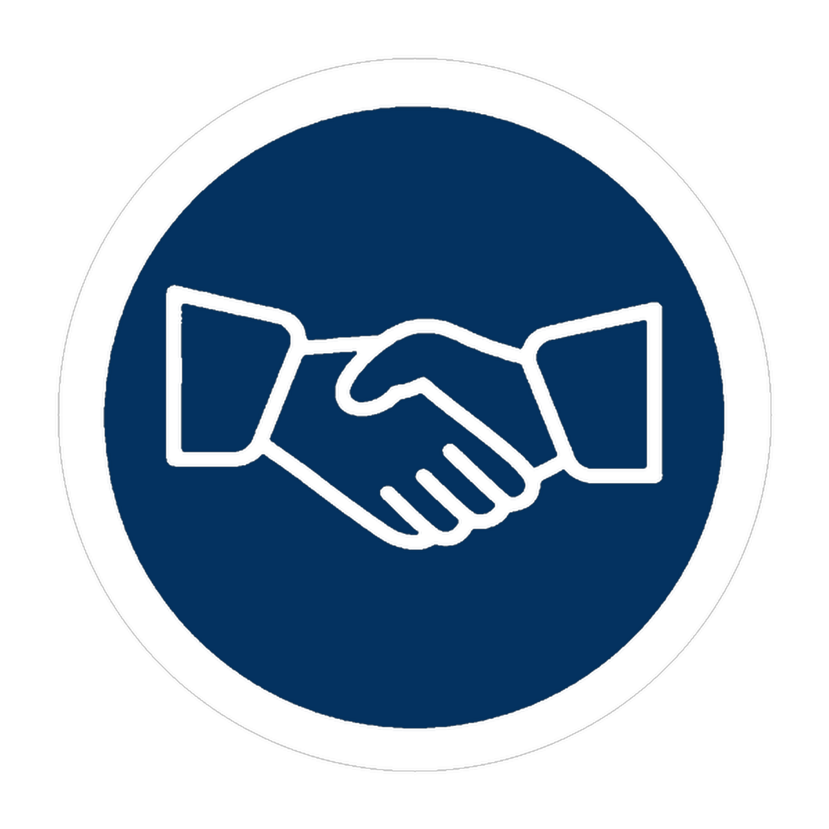 Icon of a handshake inside a blue circle representing agreement or partnership.