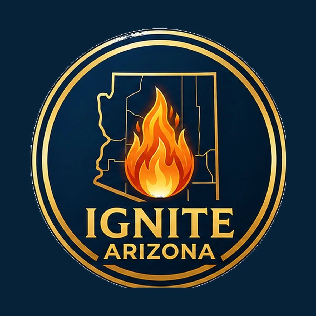 A logo featuring a stylized map outline of Arizona with a flame in the center and the text "IGNITE ARIZONA" below, set against a dark background.