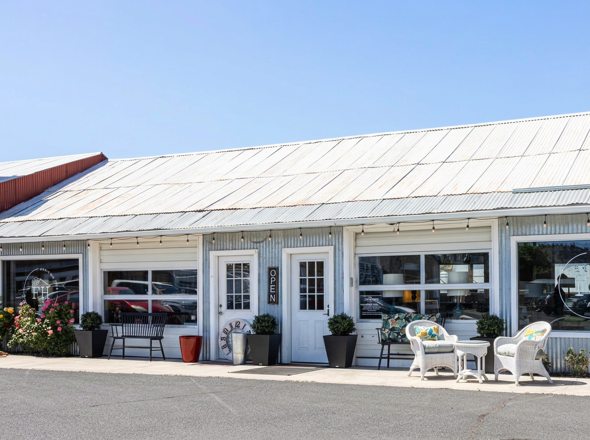 Front of a small storefront with large windows, cheery outdoor seating, potted plants, and a sign indicating it is open.