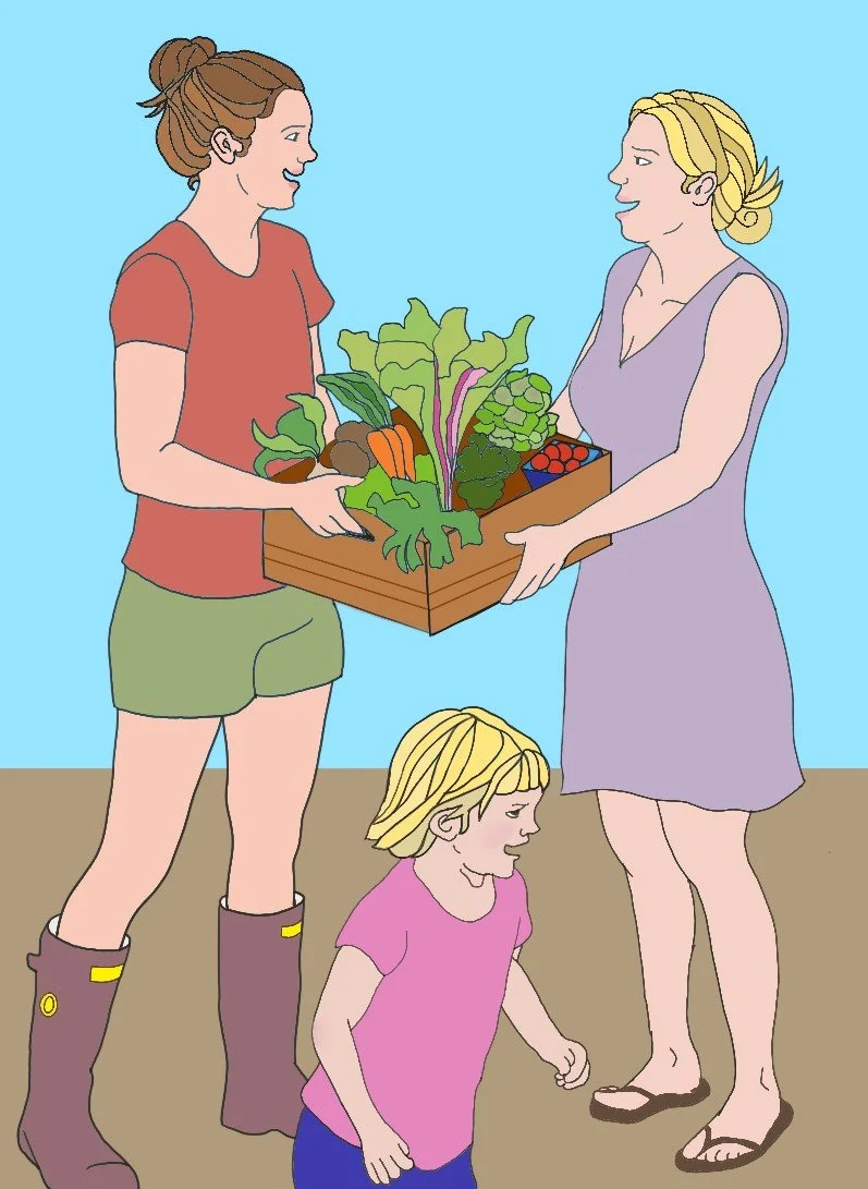 Hand-drawn image of two women standing up facing each other, both holding onto a box of fresh produce between them. There is a young girl running underfoot.
