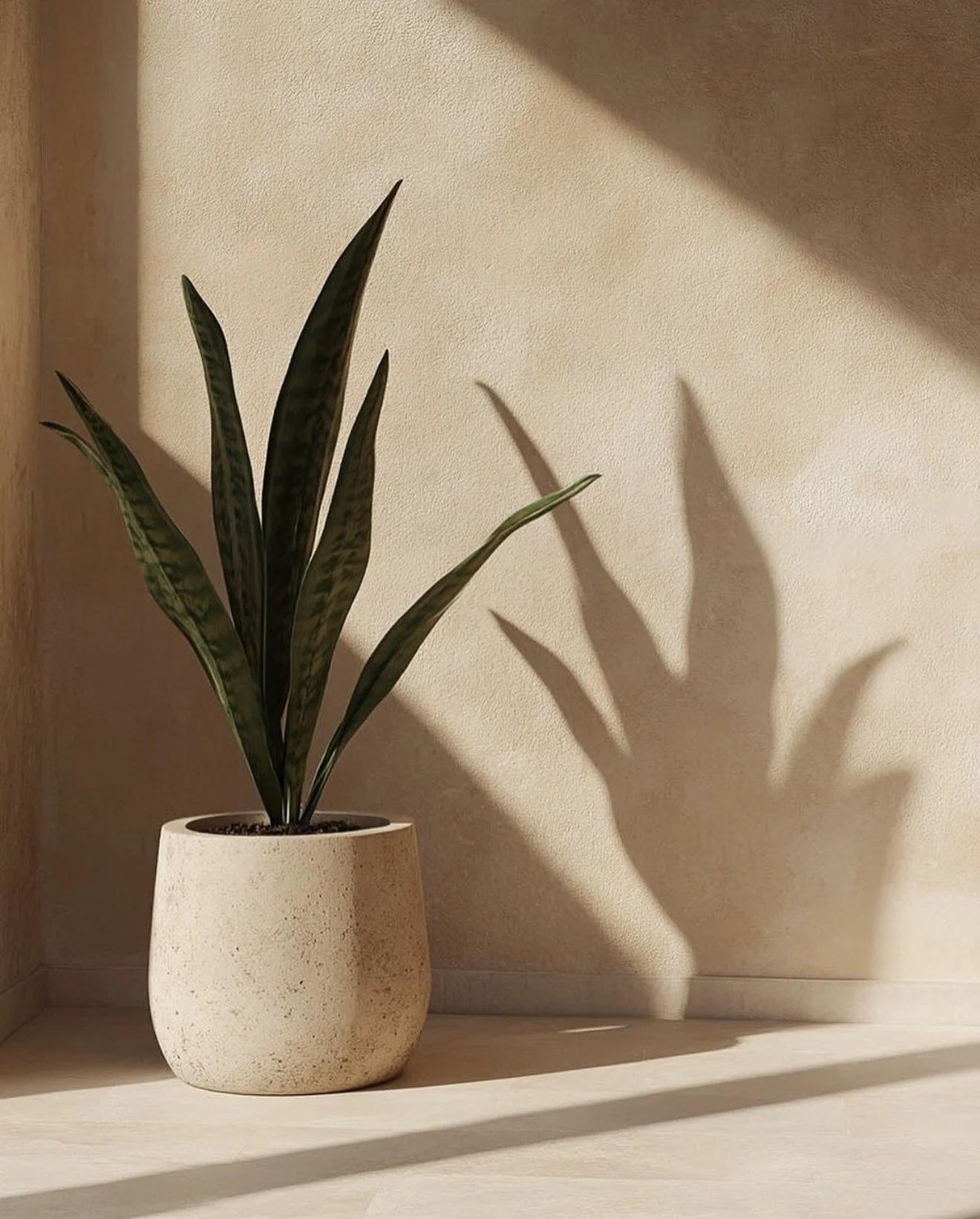A potted plant with long, pointed green leaves with dark streaks, sitting in a beige textured ceramic pot on a light-colored shelf. The wall behind it is beige, with shadows cast from the plant's leaves.