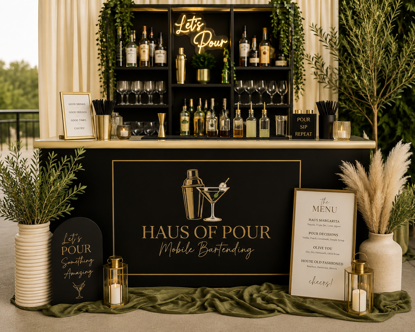 A black mobile bartending station with gold accents, featuring a framed menu, plants, candles, and glassware, with a backdrop of liquor bottles and a neon sign that reads "Let's Pour."