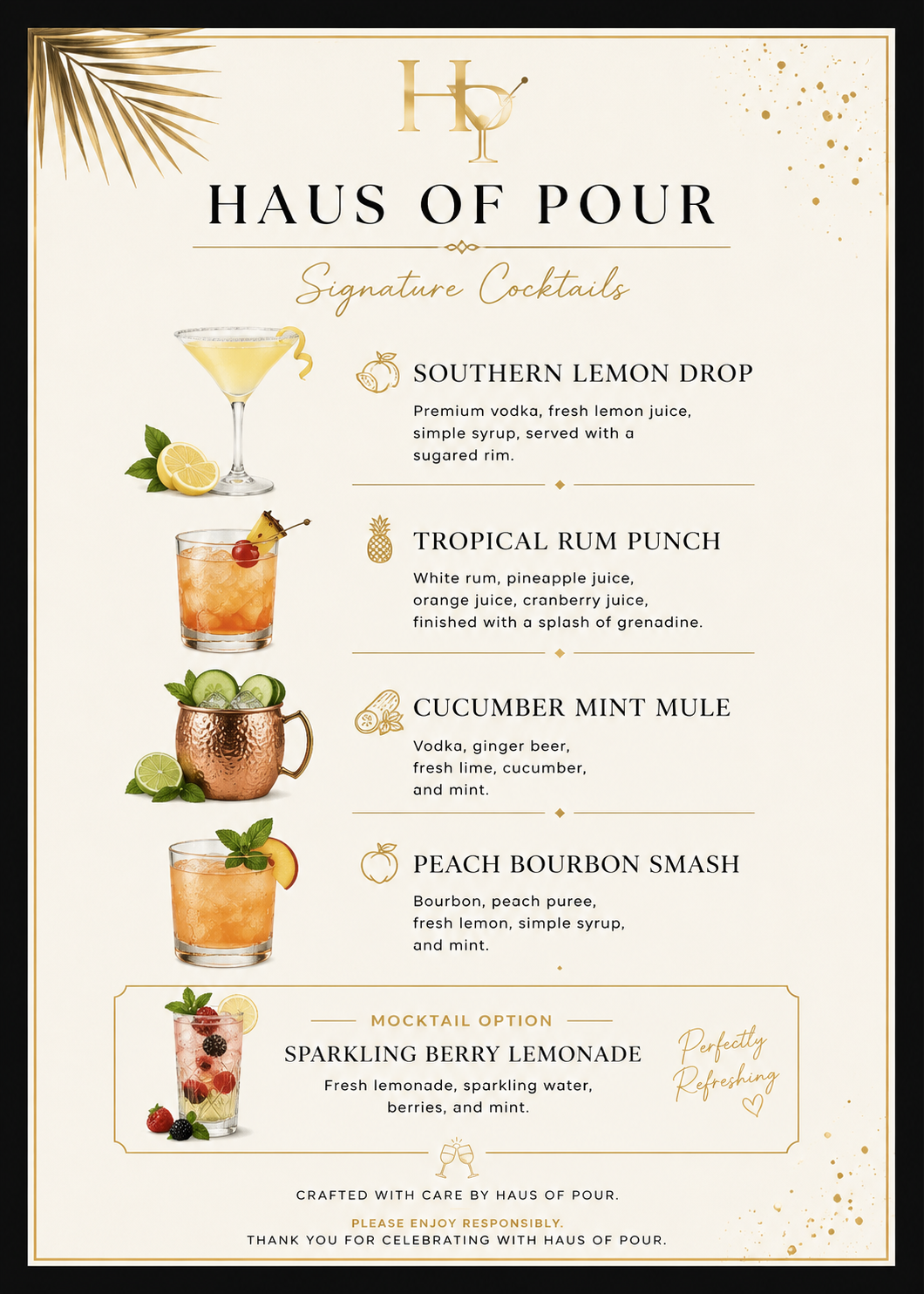 Menu featuring five signature cocktails with images: Southern Lemon Drop, Tropical Rum Punch, Cucumber Mint Mule, Peach Bourbon Smash, and Sparkling Berry Lemonade, with a gold and white design theme.