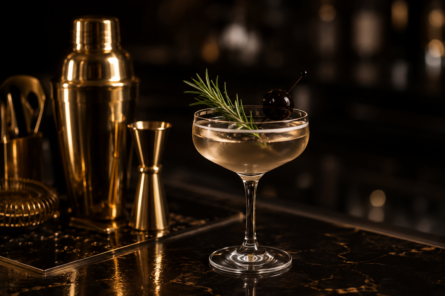 A cocktail glass with a sprig of rosemary and a cherry, set on a dark bar counter with bartending tools in the background.