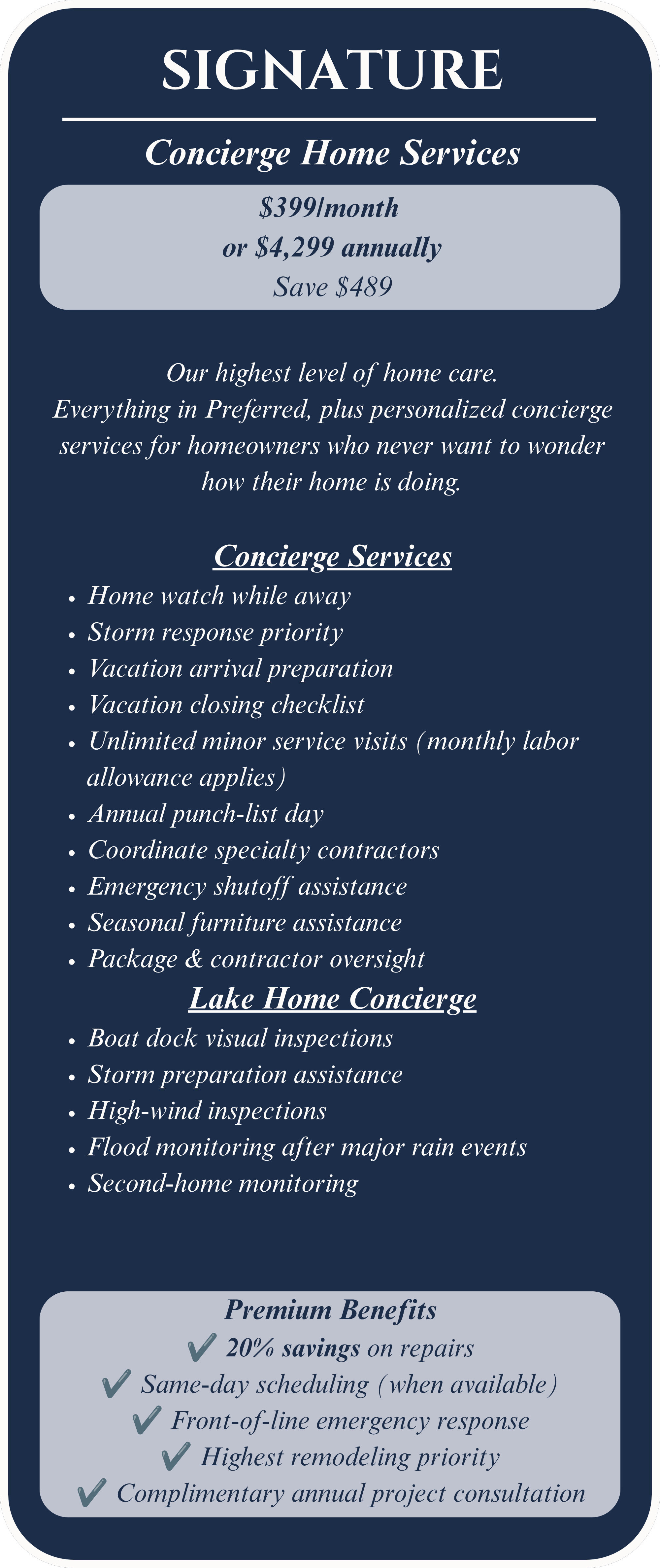 Signature Home Care Membership offering concierge-level home care, priority service, comprehensive property oversight, and premium member benefits.
