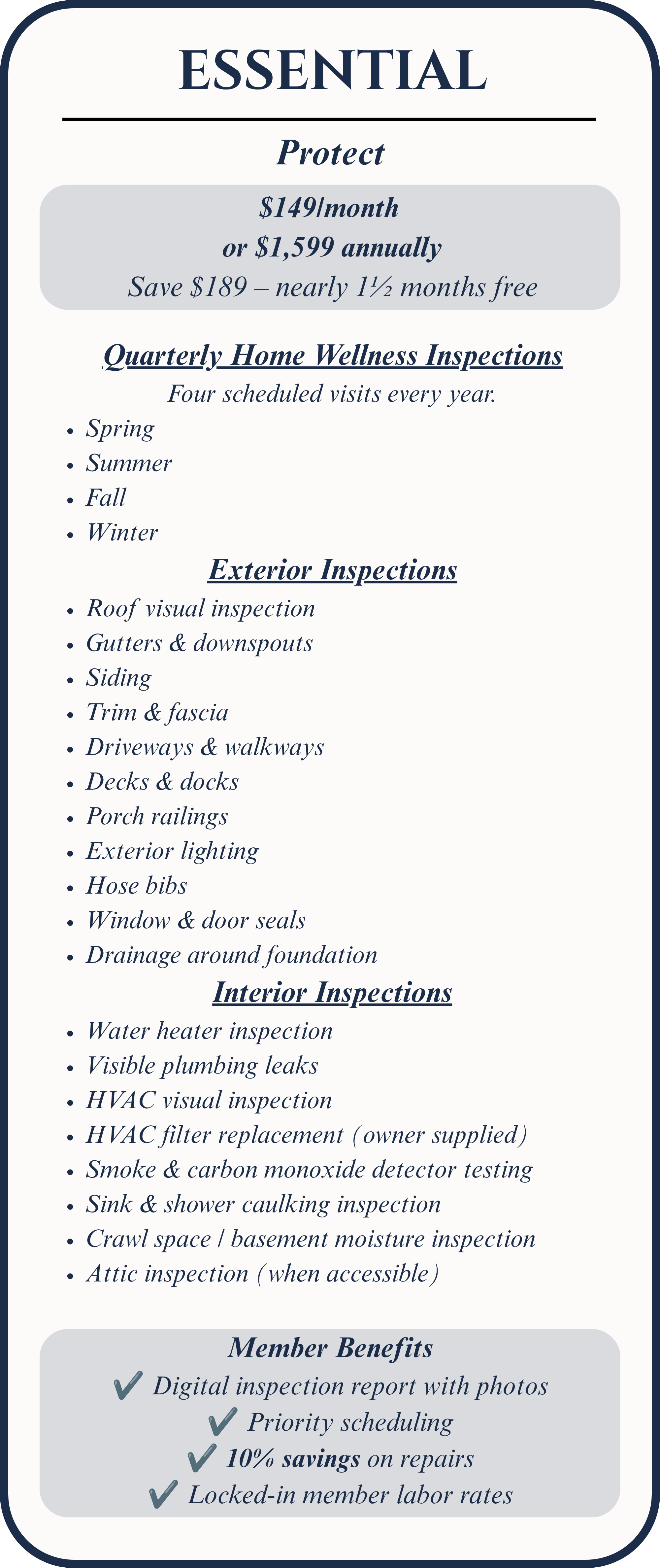 Essential Home Care Membership featuring quarterly inspections, seasonal maintenance, and year-round preventative home care.