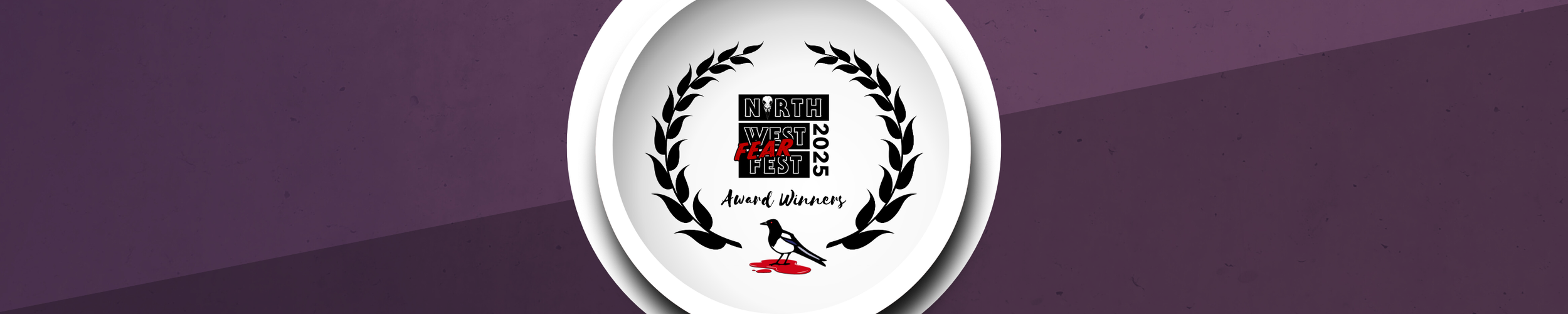Logo for North West Fear Fest 2025 showing award winners, a black and white bird with a red bloodstain, and a laurel wreath.