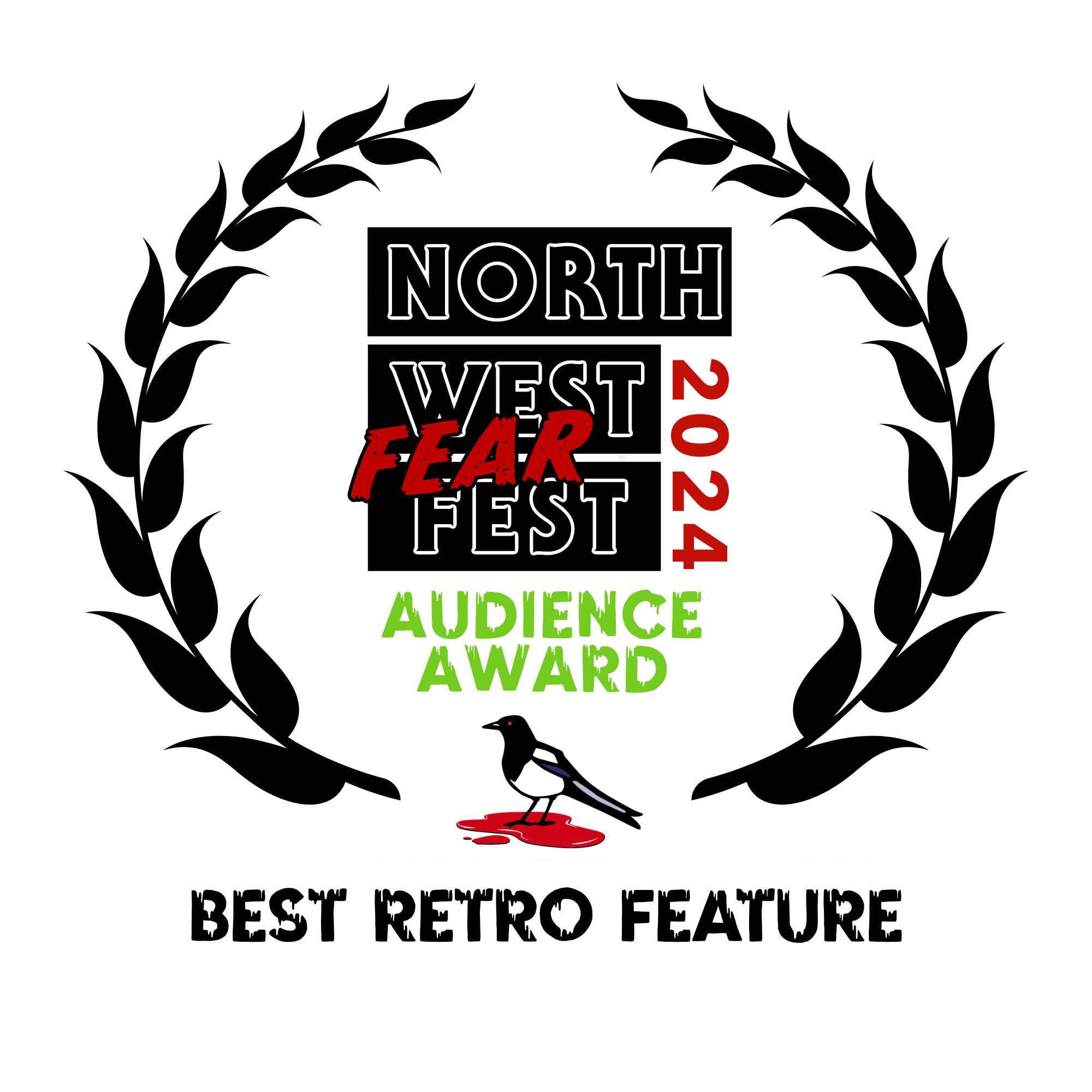 Graphic design announcing North West Fear Fest with a stylized map outline, bold black background, and blood splatters, emphasizing a horror theme.