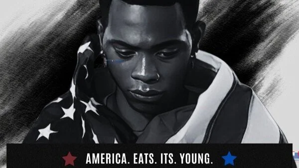 Black and white photo of a young person's face with an American flag draped over their shoulders, with the caption 'America. EATS. ITS. YOUNG.'