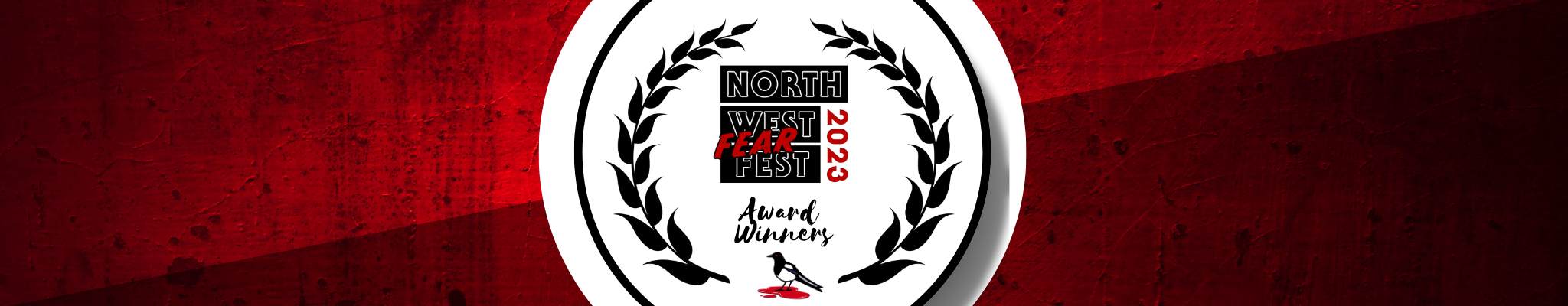 Award emblem for the North West Fear Fest 2023, with black wreaths, a penguin with a red bloodstain beneath it, and text indicating award winners.