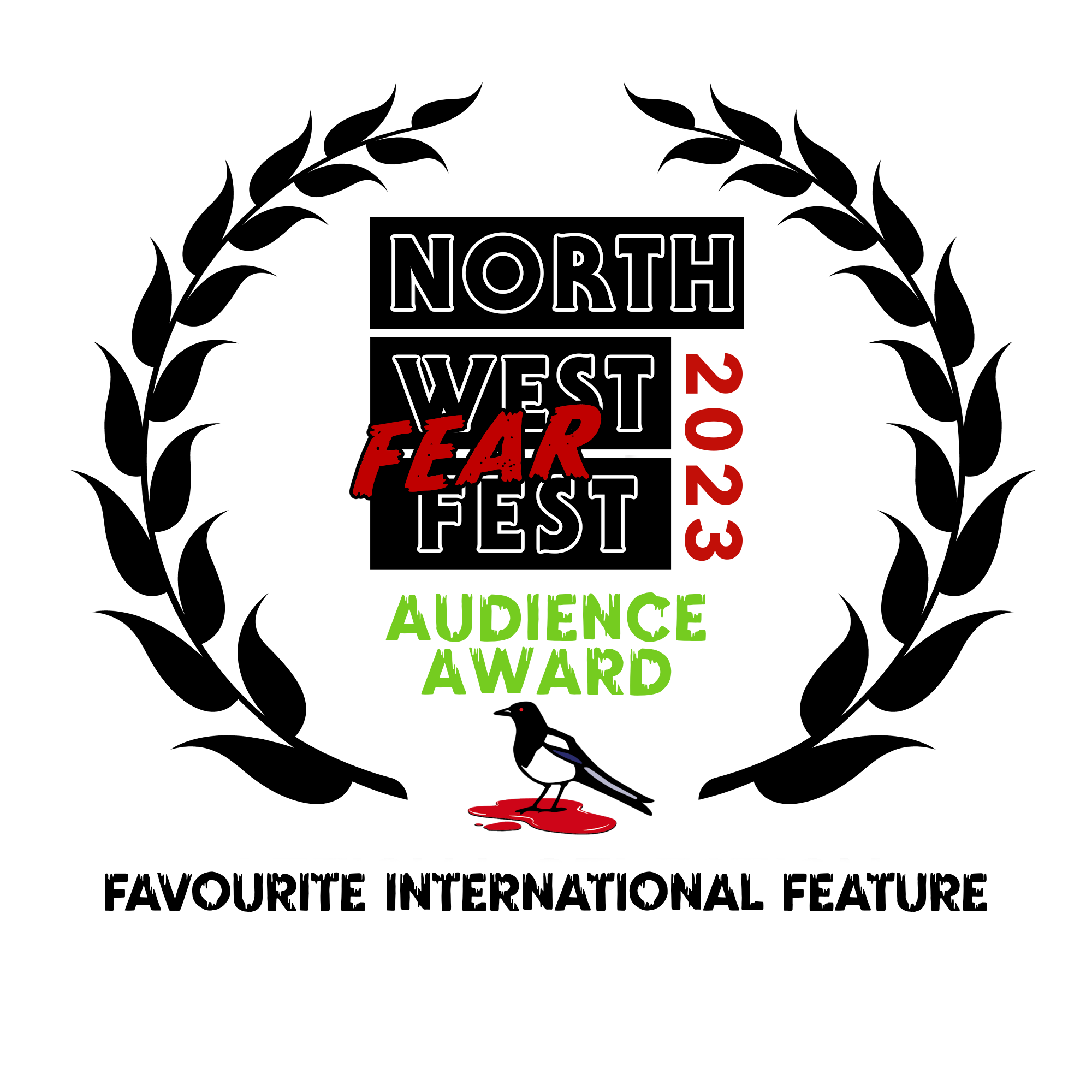 Graphic design with the words 'North West Fest' and a red 'Fear' overlay, an illustration of a bird on a green landscape, and a stylized dog figure in red.