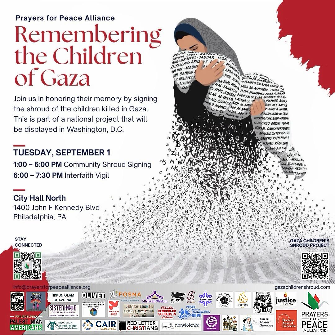 Gaza Childrens Shrouds Writing Names Event - Philedelphia