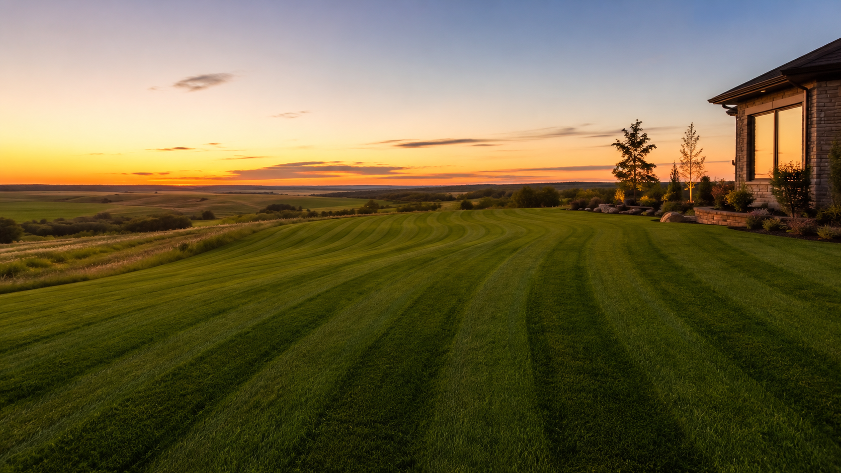 A lush green lawn with curved mowing lines in the foreground, leading to a house on the right, set against a sunset sky with orange and yellow hues over an open landscape with trees in the distance.