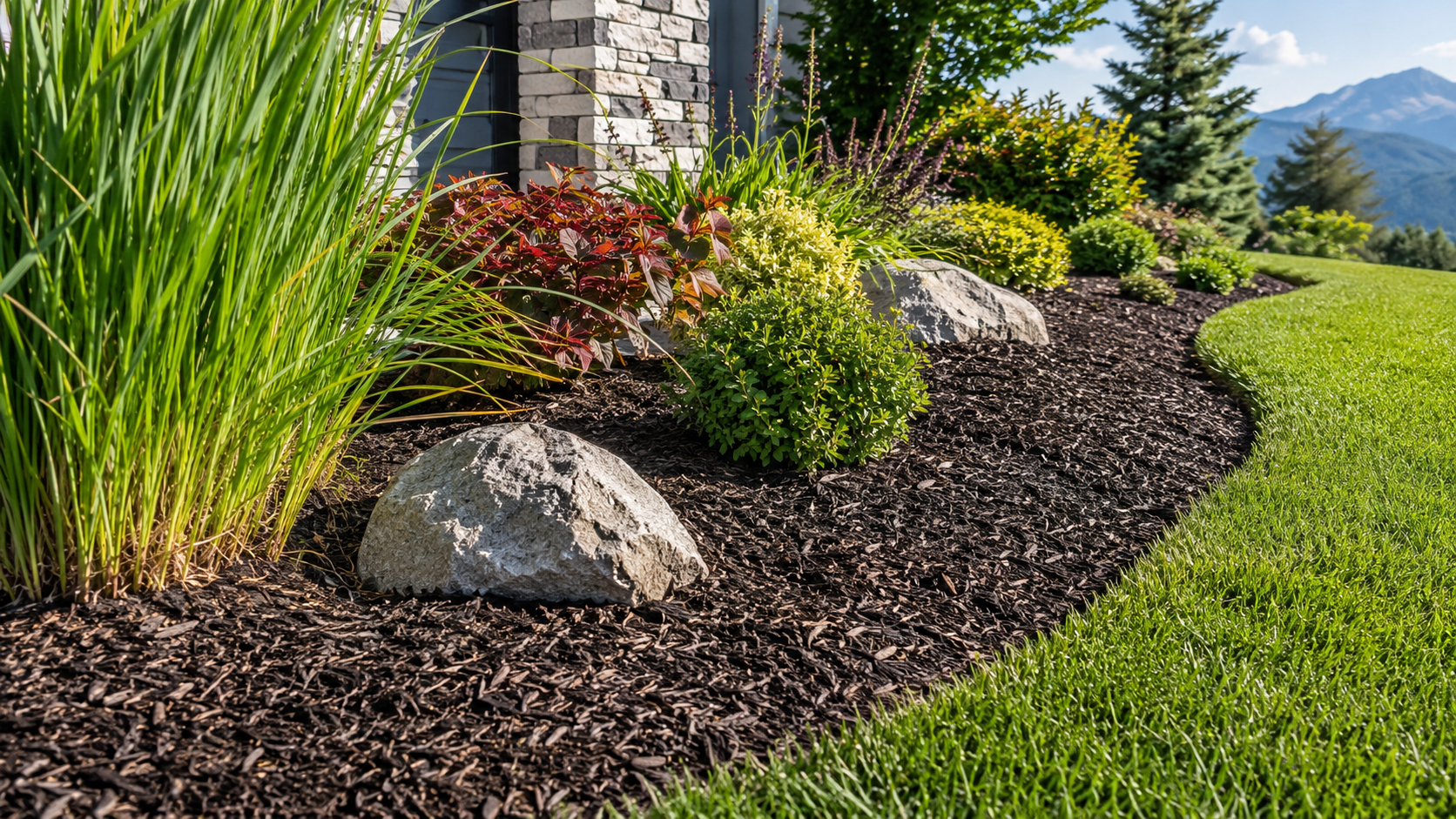 A landscaped garden with colorful plants, large rocks, and black mulch, alongside a green lawn with mountains and blue sky in the background.