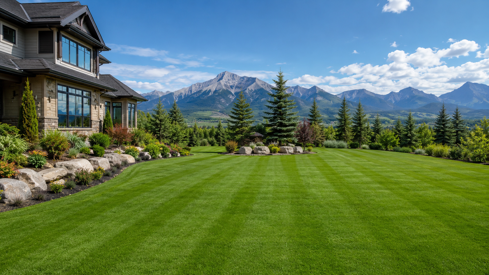 A well-maintained backyard with lush green grass, decorative rocks, and various shrubs and trees, with a mountain range in the background under a partly cloudy sky.