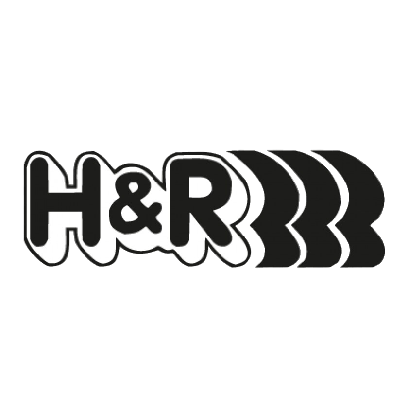 H&R racing logo with large black text on a white background and stylized arrows pointing right