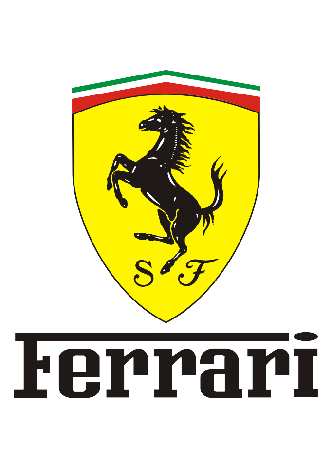 Ferrari logo featuring a black prancing horse on a yellow shield with green, white, and red stripes at the top, and the letters 'S' and 'F' below the horse.