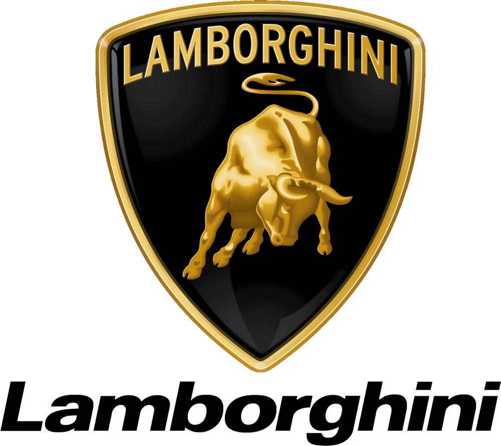 Lamborghini logo featuring a gold bull on a black shield with the word Lamborghini at the top and bottom.