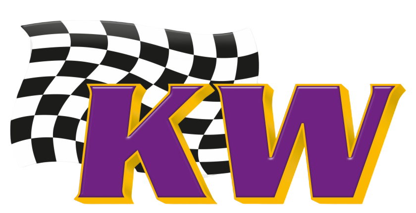A checkered flag waving behind bold purple letters 'KW' outlined in yellow.