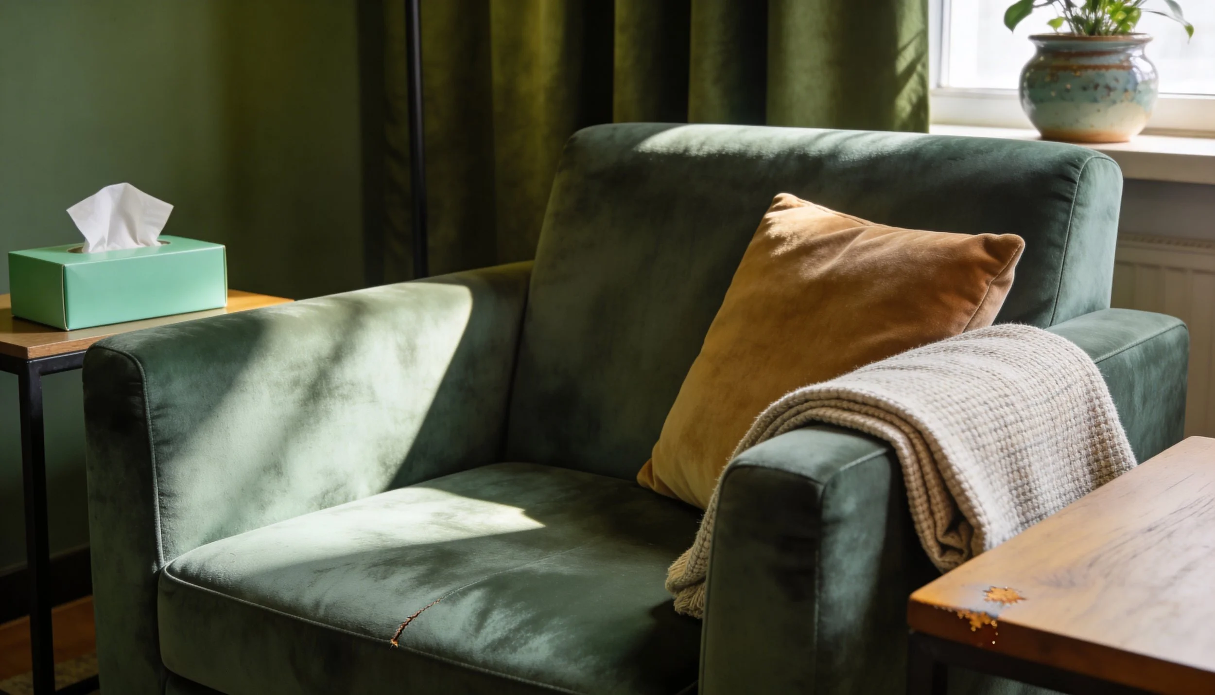 Green Plush Chair with tan throw pillow