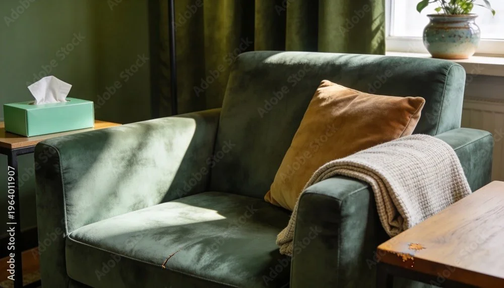A green velvet sofa with a beige throw blanket, a tan pillow, a side table with tissue box, and a potted plant in a ceramic pot near a window with green curtains.