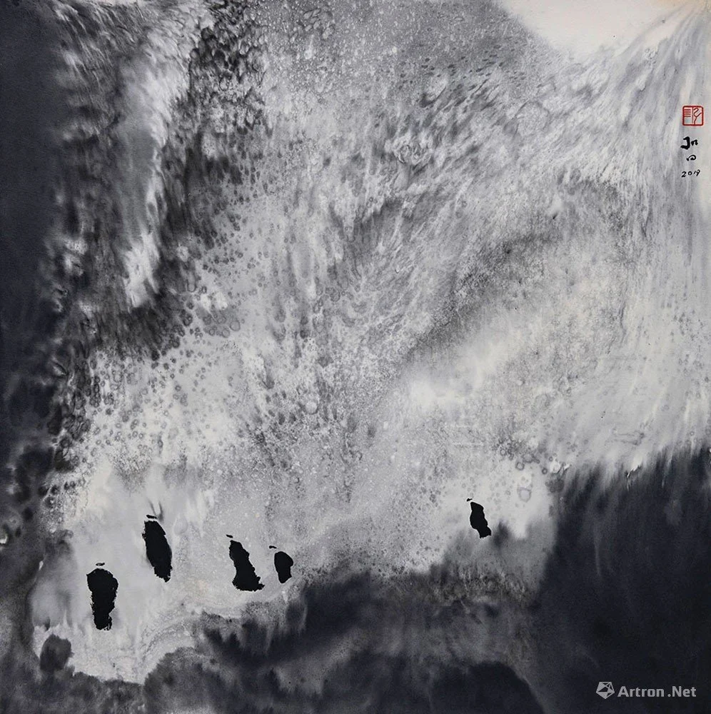 Abstract black and white landscape painting with textured surface and small black shapes near the bottom, with red and black signature marks in the top right corner.