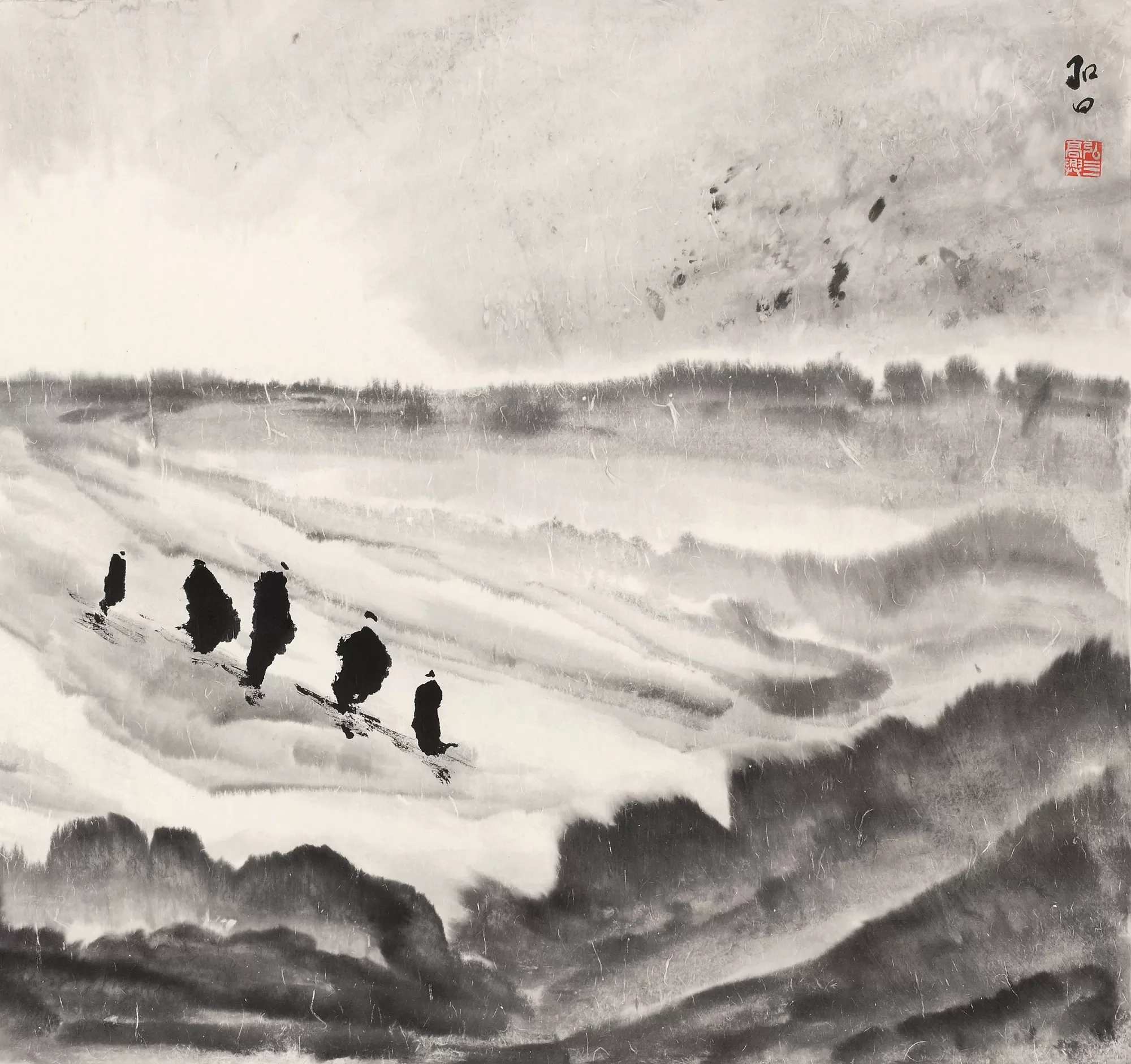 A traditional black and white ink wash painting of a landscape, featuring three figures walking along a riverbank with trees and mountains in the background, signed with a red seal and calligraphy.