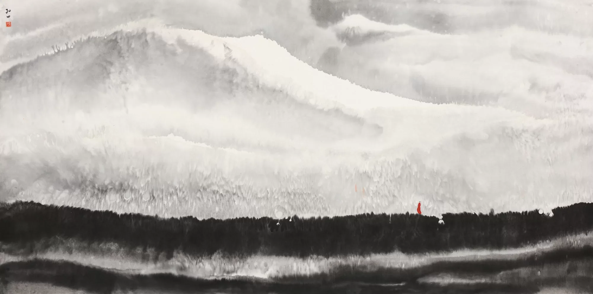 A large, expressive black, gray, and white watercolor painting of mountains and clouds with subtle red accents, including a small red figure at the bottom right.