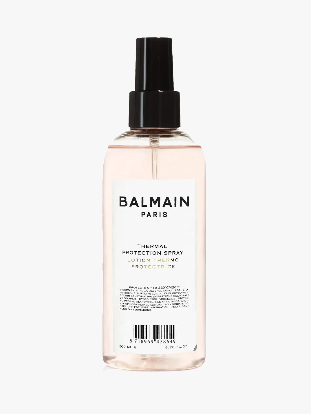 A bottle of BALMAIN Paris Thermal Protection Spray with a black spray nozzle and a white label.
