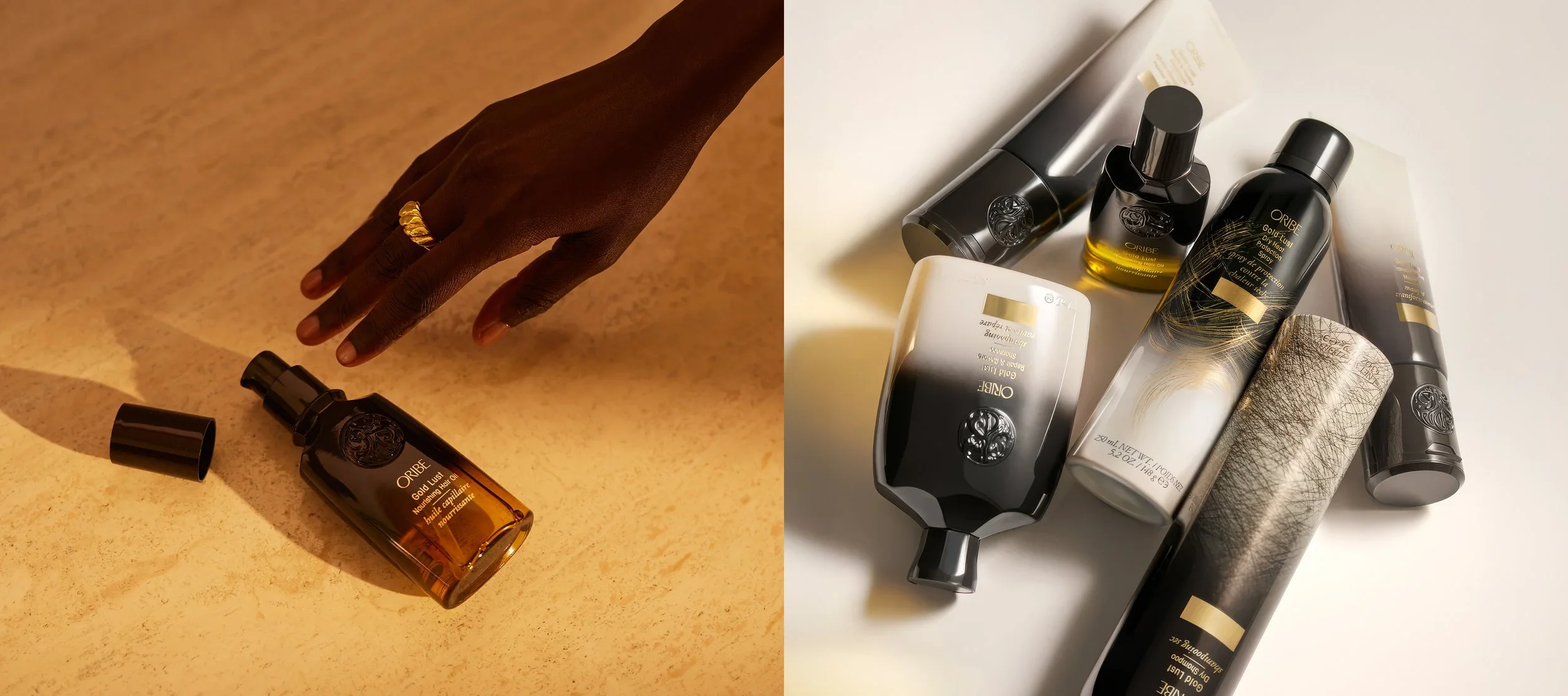 Left side: a dark hand with a gold ring reaching towards a small amber bottle of Oribe Gold Lust nourishing hair oil on a beige surface; right side: multiple Oribe hair care products including bottles and tubes on a white surface.