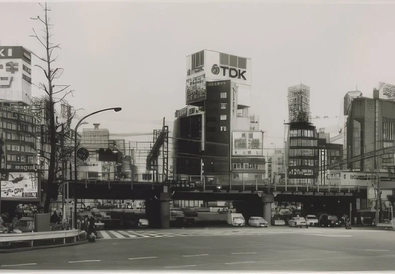 Black and white photo of an urban cityscape with tall buildings, a bridge, and a street with parked cars.