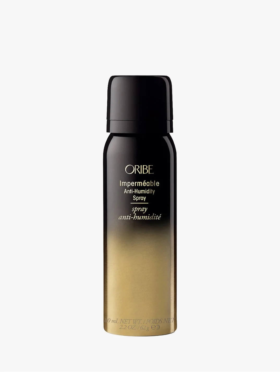 A black spray can labeled 'Oribe Impermeable Anti-Humidity Spray' against a plain light gray background.