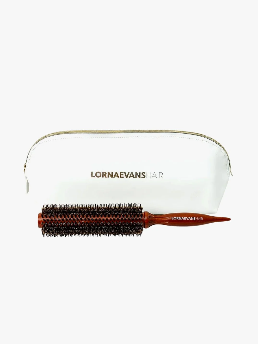 A round brush with a wooden handle and black bristles, labeled 'LORNAEVANS HAIR', in front of a white zippered case with 'LORNAEVANS HAIR' printed on it.