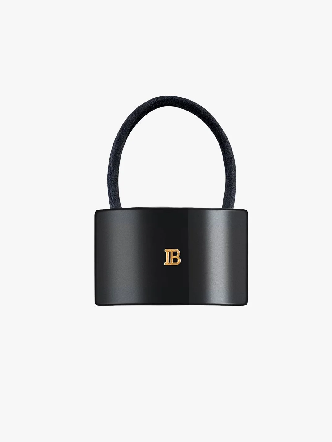 Black handbag with a gold letter 'B' logo on the front and a black handle, set against a plain light gray background.