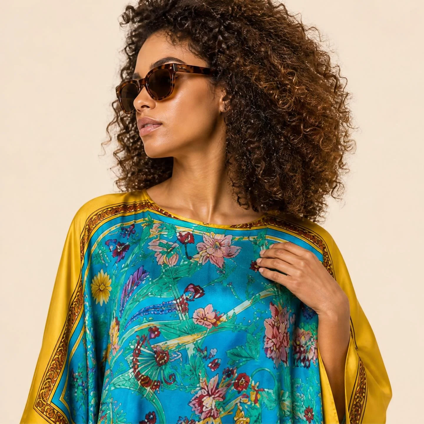 Gilded palace arches and roses on turquoise with a saffron border — Turquoise Palace long silk kaftan by Dawn Bradbury Design