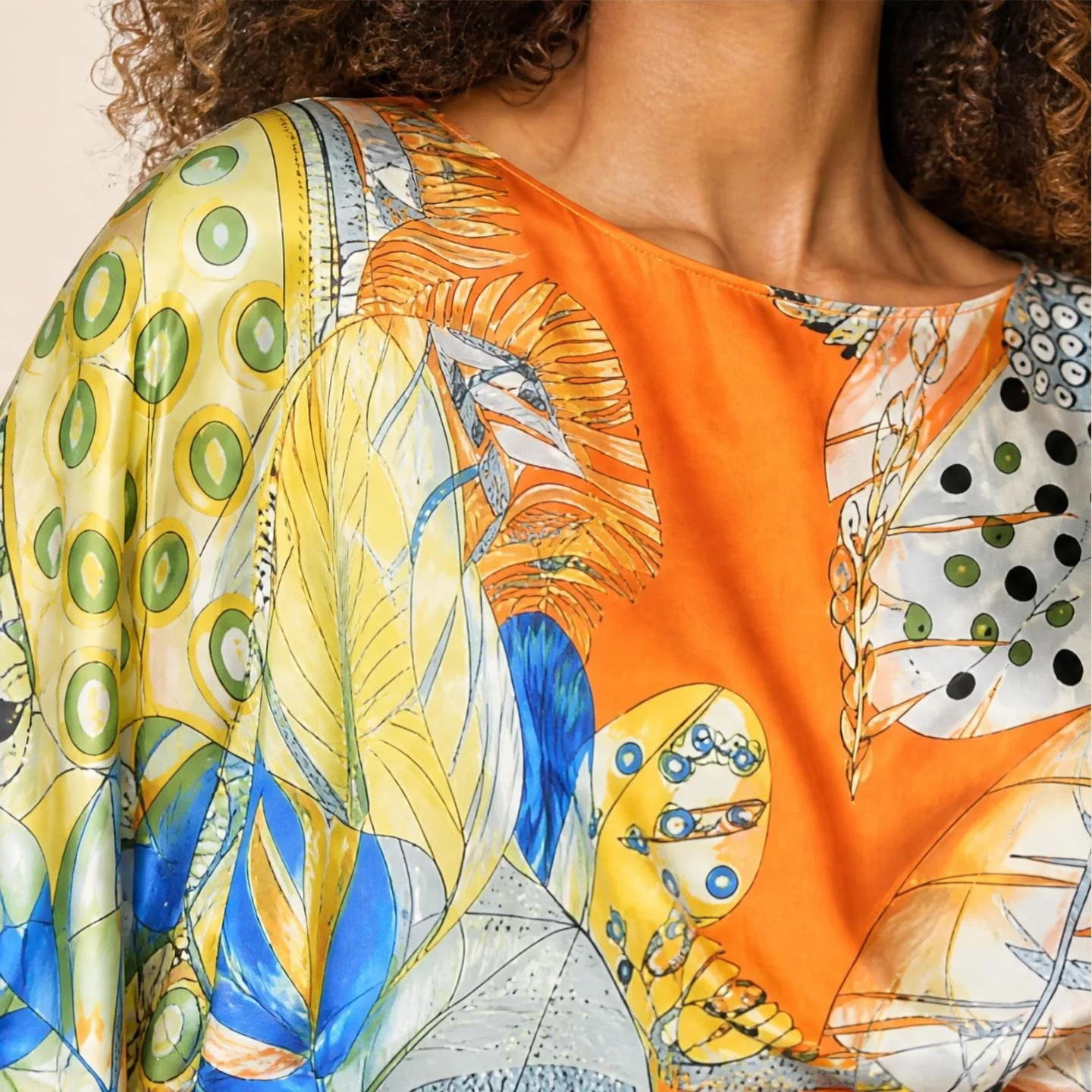 Dawn Bradbury Sunset Plume mini silk kaftan with sash, marigold and chartreuse feathers on burnt orange