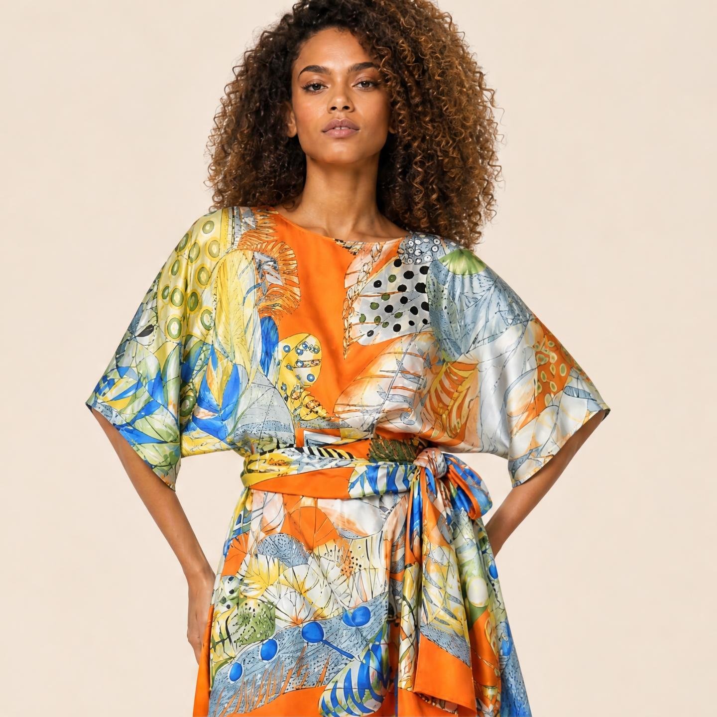 Marigold and chartreuse feathers on burnt orange — Sunset Plume mini silk kaftan with sash by Dawn Bradbury Design