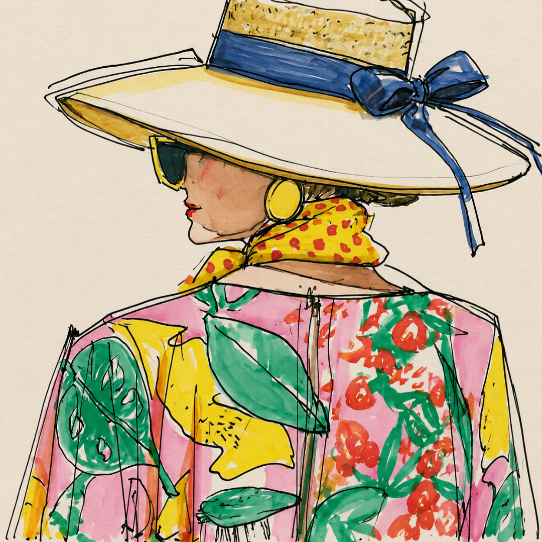 Fashion illustration of a woman wearing a large sun hat with a blue ribbon, sunglasses, yellow earrings, a yellow polka-dot scarf, and a colorful floral jacket.