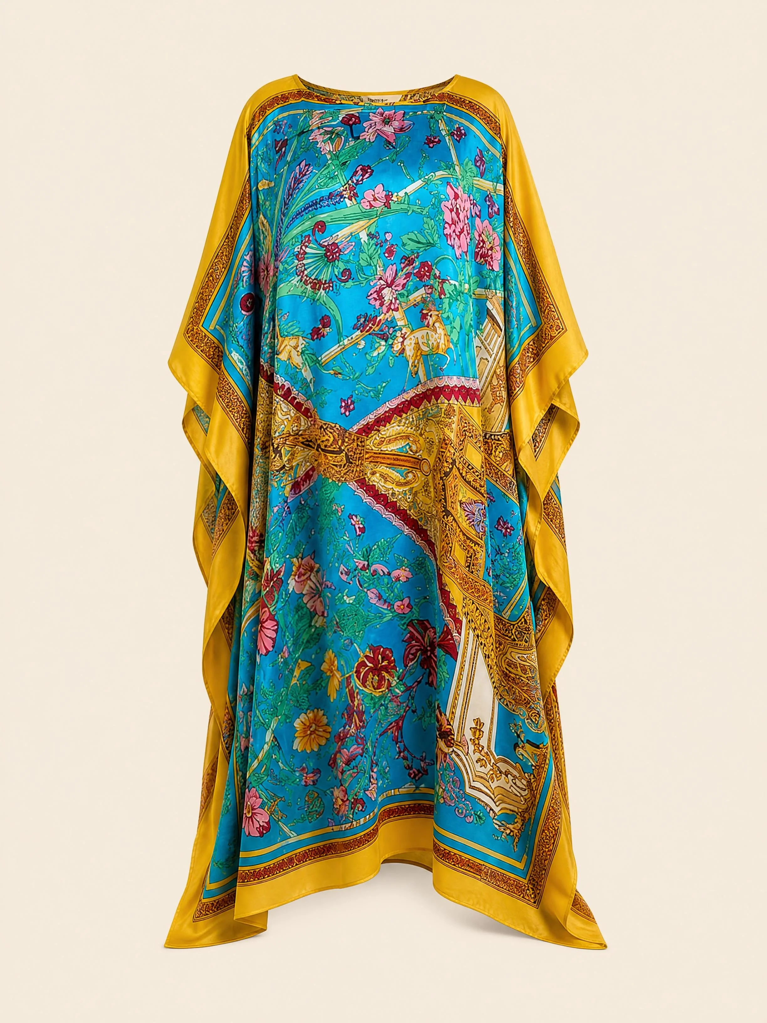Turquoise Palace long silk kaftan in gilded palace arches and roses on turquoise with a saffron border