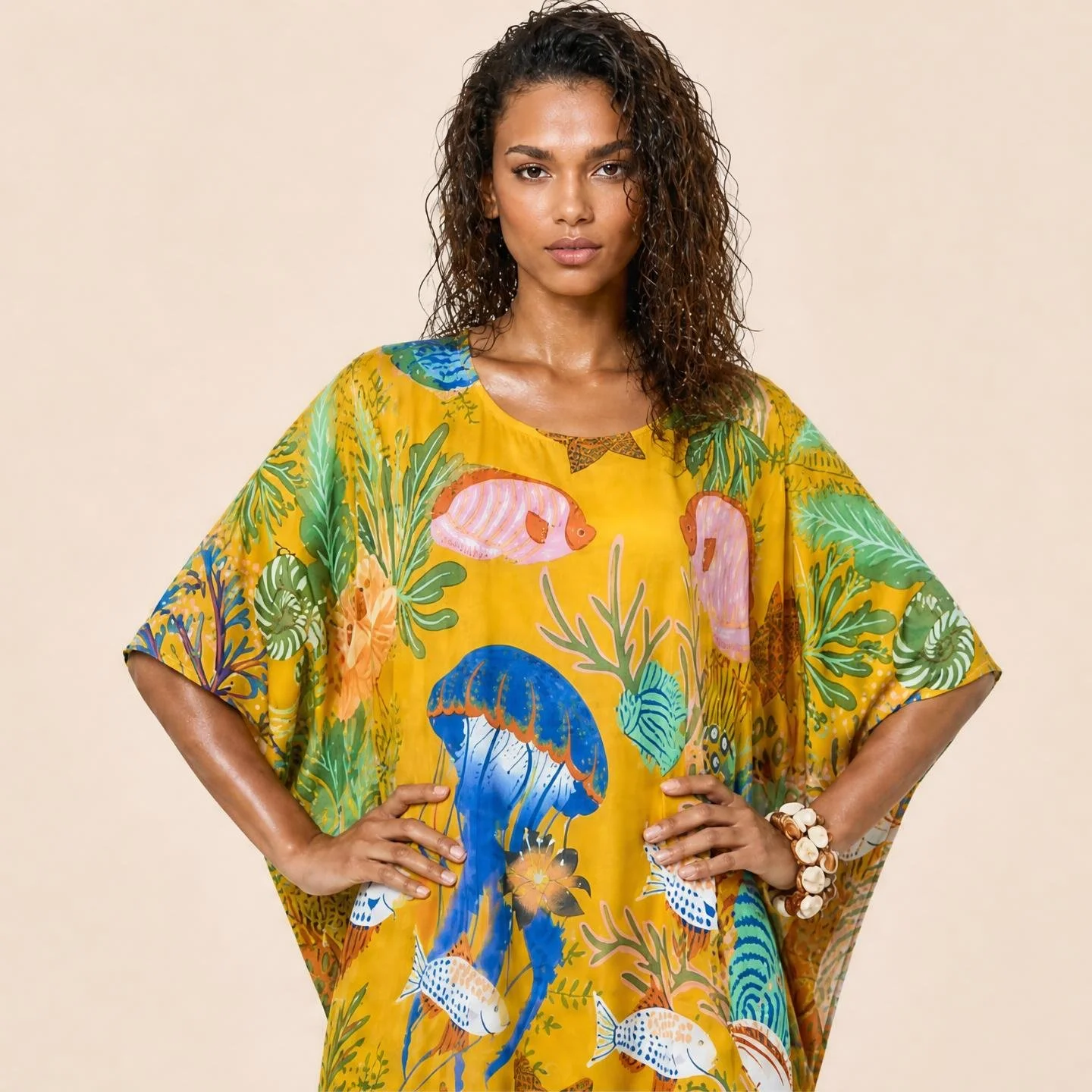 Jade and cobalt reef on deep saffron — Saffron Reef long silk kaftan by Dawn Bradbury Design