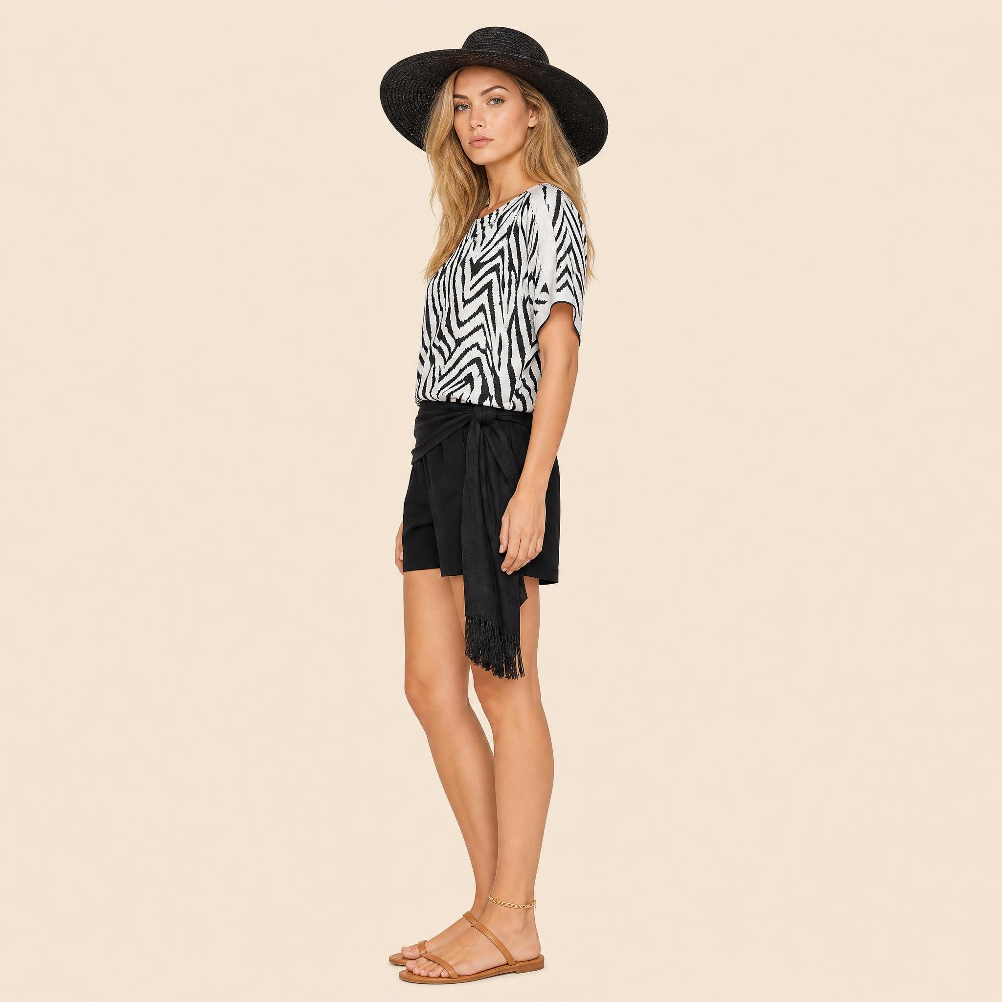 Zebra Noir mini silk kaftan in painted black and white zebra stripe