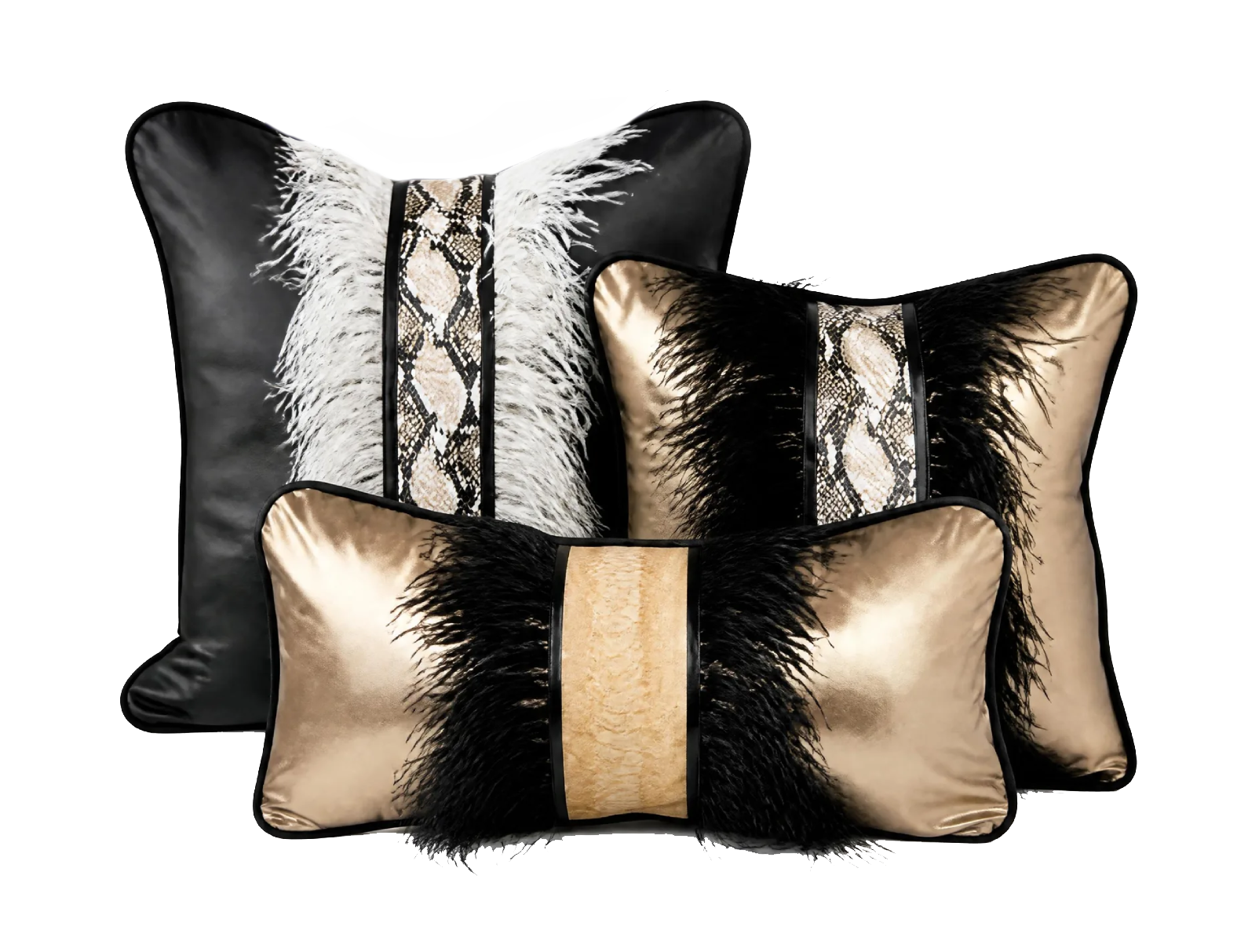 Set of four decorative throw pillows featuring black and beige tones, with one showcasing a snakeskin pattern and others having faux fur accents.