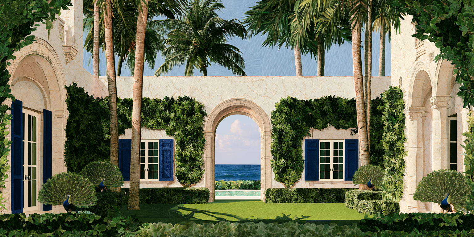 A lush courtyard with white stone walls, arched doorway, green shrubbery, and tall palm trees overlooking the ocean in the background.