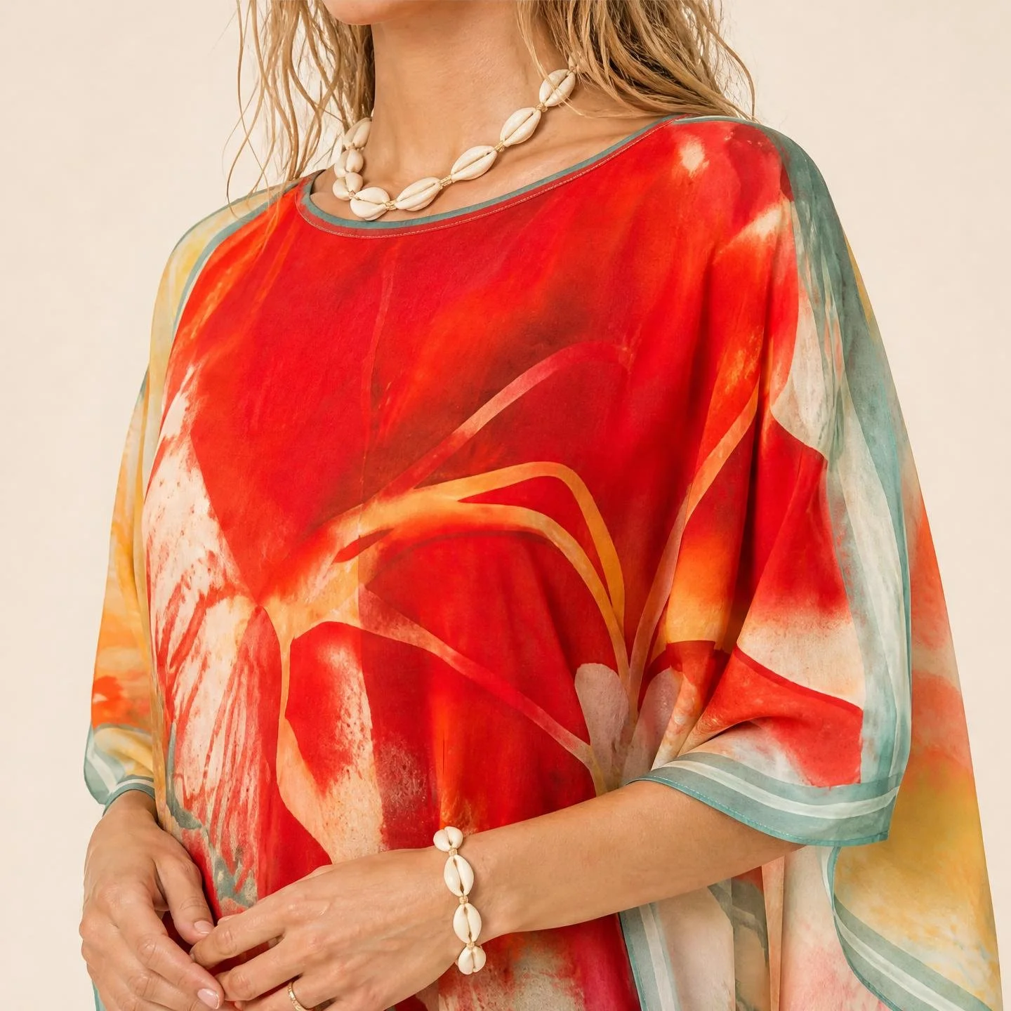 Flame Bloom resort wear mini silk kaftan in scarlet and flame watercolour washes with sage edges