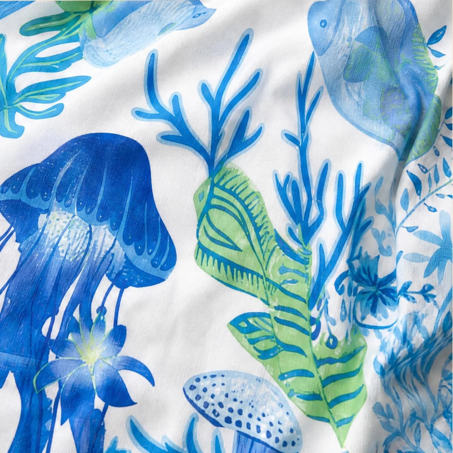Porcelain Sea resort wear mini silk kaftan in blue jellyfish and coral on white